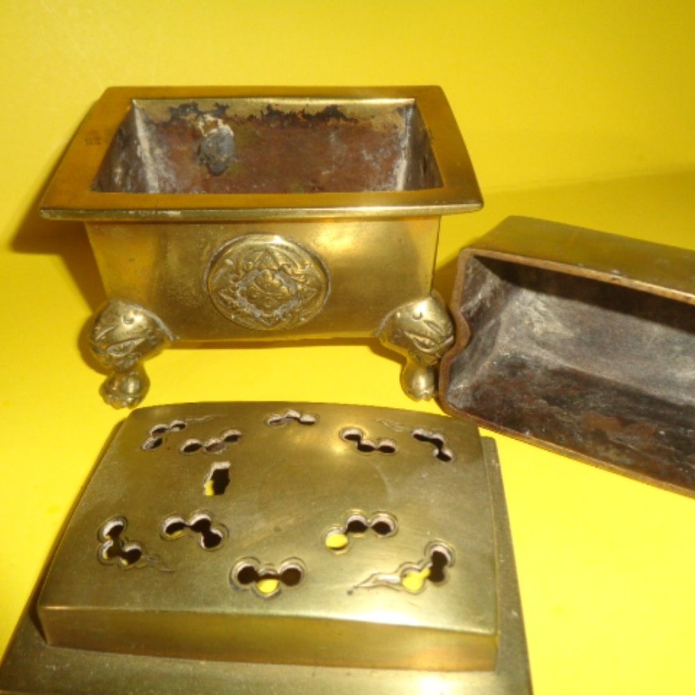 Antique Solid Brass Incense Burner, Asian Design, 4" Long - Picture 2 of 6